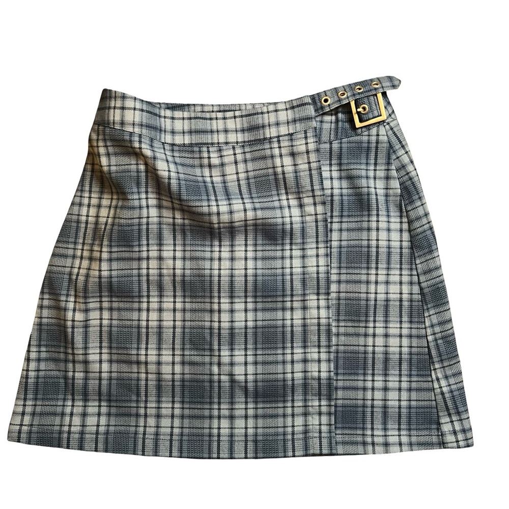 John Galt by Brandy Melville Plaid Buckle Mini Skirt Blue & White